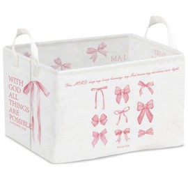 Rectangular Storage Basket with Pink Bow and Bible Quotes, Collapsible Toy Bin, Girls Storage Bins with Handles, Foldable Versatile Adult Kids Bin for Room Decor, Toy Box, Gift Organizer Bins