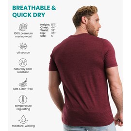 Merino Wool T-Shirt Mens - Merino Wool Undershirt Thermal Shirt for Men and Hiking Socks (Burgundy Wine, X-Large)