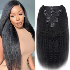 Lianlian Kinky Straight Clip in Hair Extensions Real Human Hair 16Inch 8Pcs 120g Kinky Clip Ins 12A Unprocessed Brazilian Remy Hair Extensions for Women Double Weft Hair Extensions Natural Black