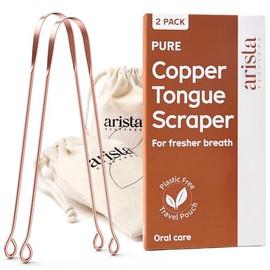 Raspador de lengua Arista 100% cobre para adultos y niños. Raspador de lengua metálico de cobre para el mal aliento, el cuidado bucal y la higiene. Paquete de 2 con estuche de viaje.