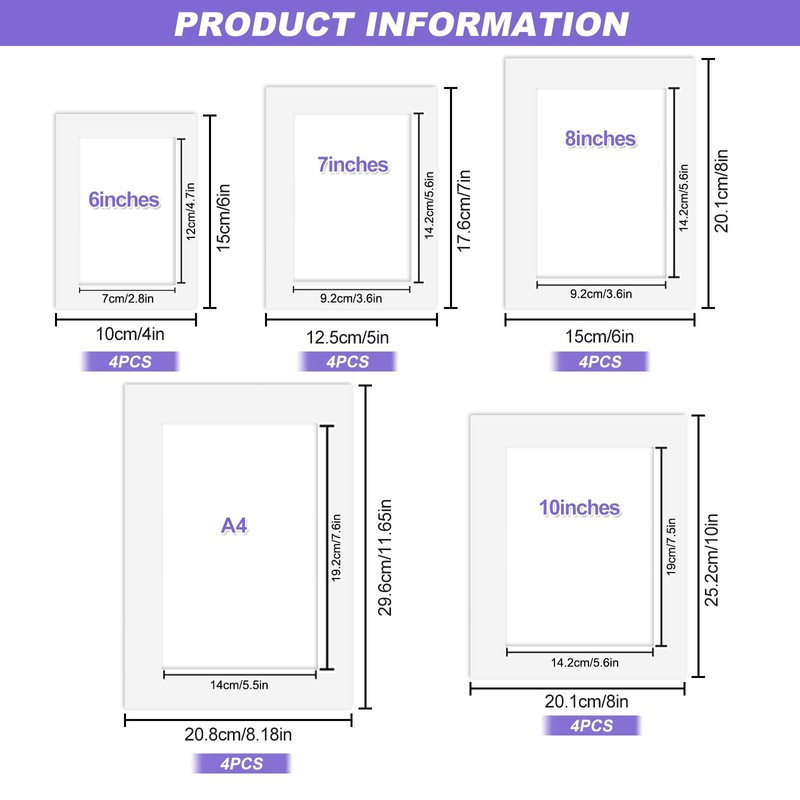 Picture Mounts for Frames 20pcs, 5 Sizes Photo Mounts White