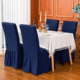 SUBRTEX Stretchable Universal Dining Room Chair Covers Slipcovers with Skirt Jacquard Parsons Chair Slipcovers Removable Washable Furniture Protector for Kids Pets Home Ceremony Banquet(2Pcs,Navy)