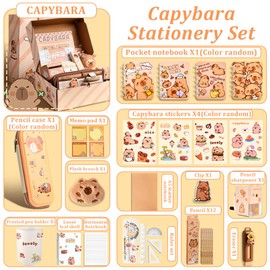 Lotvic Capybara Stationery Set, Capybara Pencil Case with Pencils, Pencil Sharpener, A5 Notebook, Pocket Notebook, Ruler, Eraser, Sticky Notes, Capybara Stationery Set for Kids Students Back to School