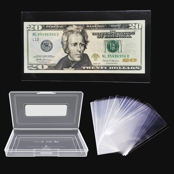 Dollar Bill Holder with Storage Case, MUDOR PP Material 100 Pieces Clear Paper Money Currency Collection Sleeves Protector Bag, Banknotes Protector Slab Holder