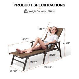 Crestlive Products Aluminum Adjustable Chaise Lounge Chair Five-Position and Full Flat Outdoor Recliner All Weather for Patio, Beach, Yard, Pool (1PC Brown)
