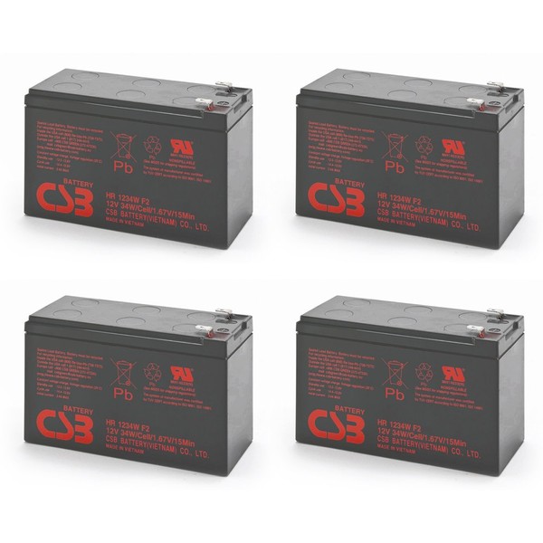 Quantity 4 CSB HR1234WF2 12 Volt/9 Amp Hour (34 Watts) Sealed Lead Acid Battery w/0.250" Fast-on Terminals
