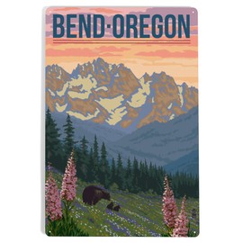 Lantern Press 12x18 Inch Metal Sign, Bend, Oregon, Bear and Spring Flowers