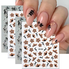 Fall Nail Art Stickers Decals 5D Embossed Flower Nail Decals 4 Sheets Glitter Gold Sliver Design Autumn Nail Stickers Flower Stickers Nail Art Supplies for Women Autumn Manicure Nail Art Decorations