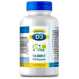Vitamin D3 10000 IU Depot, 180 Vegan Premium Capsules, Vegan & High Dose, 10-Day Dose of Vitamin D3, Free from Additives and Genetic Engineering