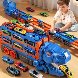 PEADUCK Toddler Toys Car Track Set for 3 4 5 6 Years Old Boys, Dinosaur Transporter Car Race Track with 12 Die-Cast Car Toys, Truck Car Toys Set Gifts for Age 3 4 5 6+ Years Old Kids Boys Girls