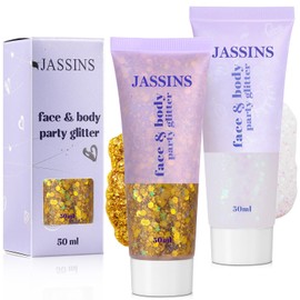 JASSINS 2 Colors Body Glitter, 100ml Face Glitter for Women Girls Kids, Glitter Gel Makeup Tween Gifts, Singer Concerts Festival Rave Accessories, Chunky Mermaid Sequins Glitter (Gold and White)