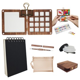 NMHJ Pocket Artist Watercolor Travel Set - Mini Paint Palette with Watercolor Brushes, 12 Colors, Watercolor Sketchbook, Storage Bag & Foldable Lid - Convenient Portable Travel Watercolor Set（15 Grids Set）