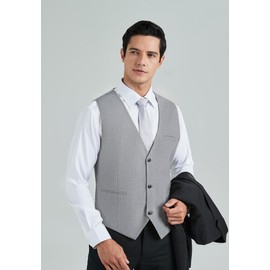 HISDERN Grey Waistcoat Men Classic Formal V Neck Grey Waistcoats for Wedding Party Solid Color Cotton Suit Vest with Pockets L