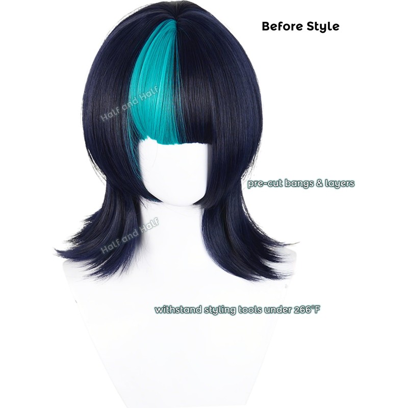 Blue Black and Peacock Blue Anime Cosplay Wig with Bangs