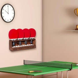 humberboat Ping Pong Paddle Storage Rack, Wall-Mount Table Tennis Paddle Display Holder for 4 Paddles and Ball Storage Shelf, Pine-Wood Ping Pong Rack for Game Room, Bar, Garage, Office, Home