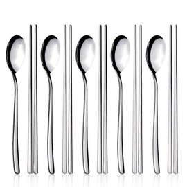 Spoon and Chopsticks, 5 Pair Stainless Steel Chopsticks Spoon Set, IQCWOOD 5 Set Korean Chopsticks and Spoons, Reusable Metal Flat Long Handle Chopstick Spoon Set for Restaurant