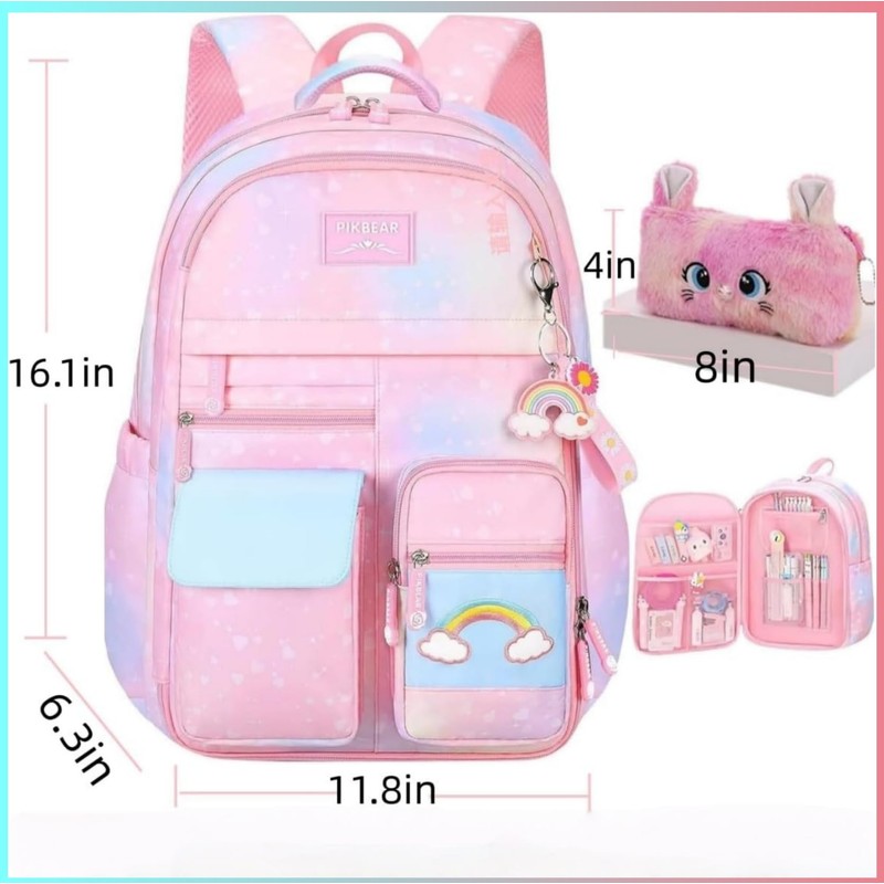 pisyae Girls Backpack,Rainbow Backpack for Girls-Kawaii Pink School Bookbag, Lightweight