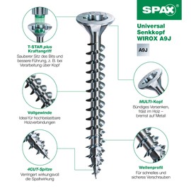 SPAX Universal Screw, 4 x 20 mm, Pack of 90, Fully Threaded, Countersunk Head, T-Star Plus T20, 4CUT, WIROX A9J - 8000000277108
