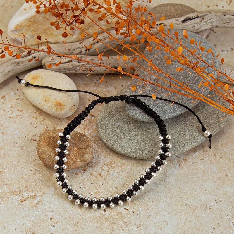 Tuscany Silver Beaded Black Friendship Rope Bracelet