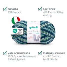 Gründl Wool Hot Socks Como Sock Yarn 4-Ply 1 Ball 100 g / 420 m (75% Virgin Wool (Superwash), 25% Polyamide), Blue Fir with Lime Green/White