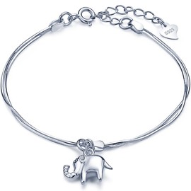 Infinite U Women Girls Charm Bracelet 925 Sterling Silver, Cute Elephant bangle, Adjustable Hand Link, Double Chains Extension, Silver