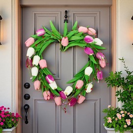 Wreath with Strorage Bag | 18in Heart Tulip Wreath for Front Door | Artificial Purple Pink Tulips | Spring Summer PU Flower with Red White Berry Stem for Festival Wedding Window Wall Decor