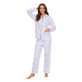 GLOBAL Women's Flannel Pajamas Set 100% Cotton PJs for Women Long Sleeve Button Drawstring Waist Warm Loungewear Sleepwear-XXL