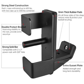 AINAFIX J Hooks for 2" x 2" Power Rack with 5/8" Hole, Rubber Pad J-Hook for Power Cage, Bottom Reinforced Steel J Cups for Squat Rack, Heavy Duty Barbell Holder, Black(5/8" Hole)