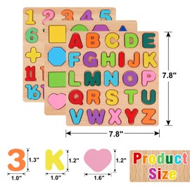 Attmu Wooden Puzzles for Toddlers 1 2 3 4 5 Year Old, Alphabet Number Puzzle Shape ABC Puzzle, 3 in 1 Preschool Educational Learning Toys with Puzzle Board for Girls Boys Set of 3