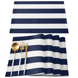 ARTSHOWING Set of 6 Placemats Heat-Resistant for Dining Table Linen Table Mats Nautical Stripe Rectangle Pad Placemat 12 x 18 Inch - Navy Blue White Stripes