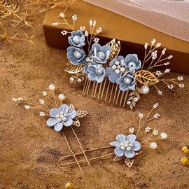 Foyte Crystal Leaf Wedding Hair Comb and Hair Pins Blue Flower Headpiece Rhinestone Gold Hair Piece Bride Pearl Hair Accessories Set for Women