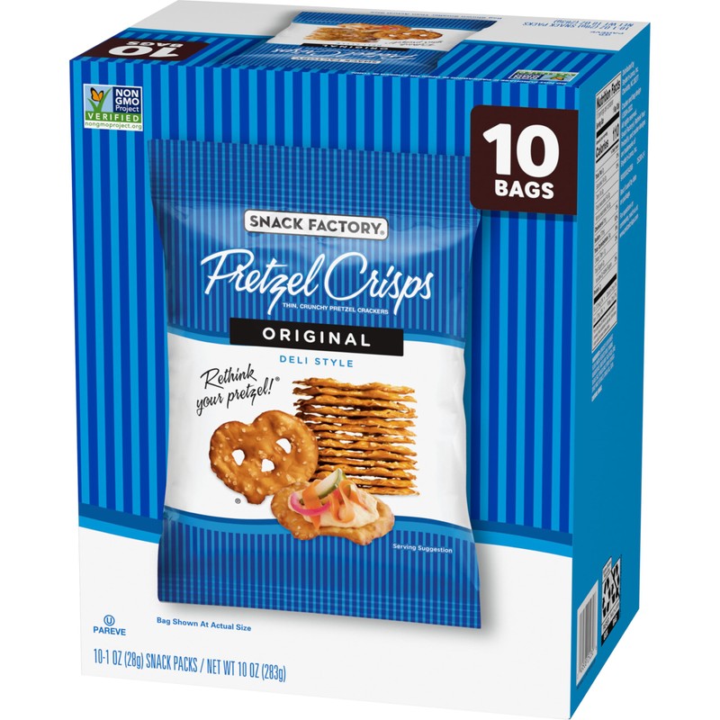 Snack Factory Pretzel Crisps, Original, 1 Oz Snack Bags, 10