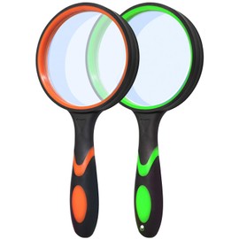 Wapodeai 10X Magnifying Glass for Seniors & Kids, 2 Pack Non-Slip Handheld Magnifier Glasses with 75mm Lens, for Reading Book, Hobbies, Scientific Observation, Green & Orange