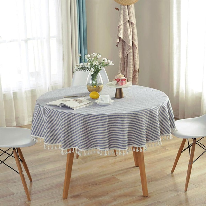 meioro Round Tablecloths Striped Fringe Tablecloth Cotton Linen Table Cover