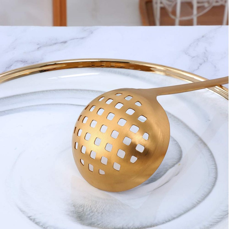 2 Pieces Gold Metal Soup Ladle Colander Set, Long Handle
