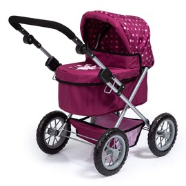 Bayer Design 13067AA Dolls Pram Trendy with Shoulder Bag and Underneath Shopping Basket, Bordeaux, red with Pattern