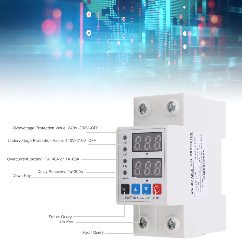 Over Under Voltage Protective Device DIN Rail Adjustable Dual Display