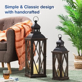 Glitzhome Glitzhome 2 Pack Farmhouse Wood/Metal Decorative Candle Lanterns Vintage Hanging Lantern for Patio - Tabletop, Black (No Glass)