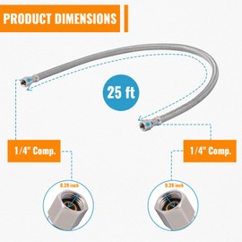 SUNGATOR Refrigerator Water Line Kit, 1/4" Comp X 1/4" Comp Ice Maker Hose, 25 Feet Stainless Steel Braided Ice Maker Water Supply Line with A Tee Stop Valve, Wrench and Sealing Tape