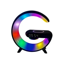 OrionMart Alarm Clock G Shaped Bedside Lamp Wireless Charger & Speaker - Color Changing Table Lamp Night Light - Premium Gift Idea