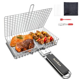 Delizon Delizon Grill Baskets Fish Grilling Rack for Outdoor Grill with Removable Handle, Come with Basting Brush Food Tongs & 5x BBQ Skewers