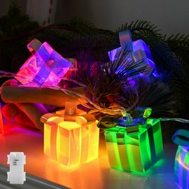 Christmas Gift Box String Lights with Timer, 6.5ft 10 LED Iridescent Christmas Decoration, Battery Operated Fairy Lights for Xmas Tree Decor Fireplace Mantel Stairs Room Party (Multicolor)