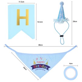 Winterworm Set of 3 Dogs Party Supplies Dog Birthday Bandana with Happy Birthday Banner and Doggie Birthday Party Hat for Puppy Birthday Decoration (Blue)