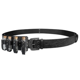 HiiFeuer Medieval Embossed Alchemy Faux Leather Buckle Belt with 4 Cork Vials, Fantasy Wizard Potion Bottles Belt(Black A)