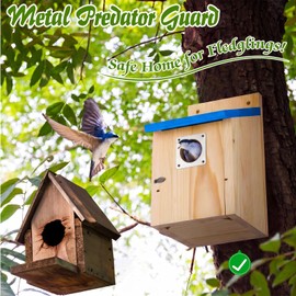 Dreyoo 3 Pack Bluebird Houses for Outside with Metal Predator Guard, 1-1/2" Entrance Hole Wooden Blue Bird Houses for Outdoors, Bluebird Nesting Box(Blue Roof, Wood Body)