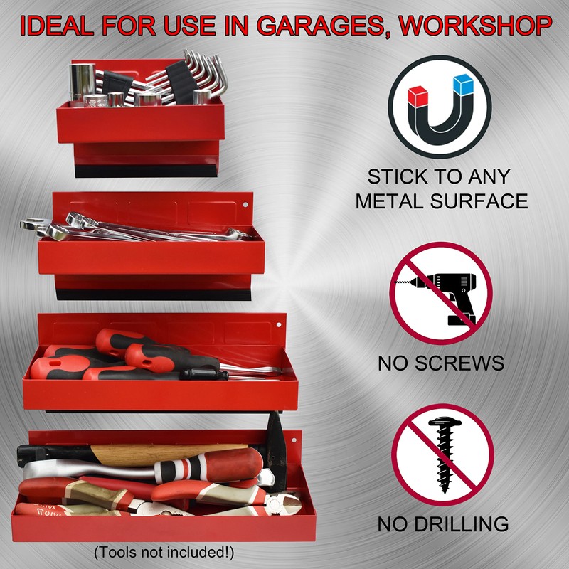 Magnetic Shelf 4-Pcs Set - Red Tool Trays - Metal