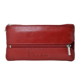 CONTE MASSIMO Unisex Keycase Holder, Genuine Leather, 2 Pockets with Zipper and Hooks, with Gift Box Red -