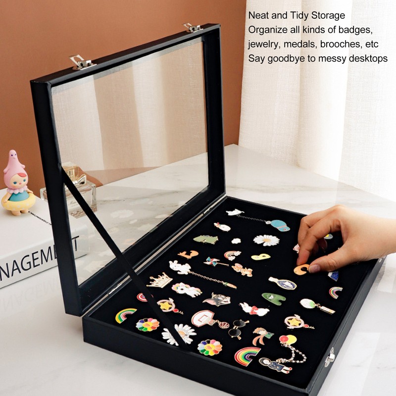 Pin Display Case Dustproof Transparent Glass Lid Badge Storage Box