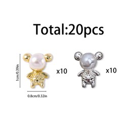 20 Pieces Bear Design, Silver and Gold Mixed Colors, Rhinestone Crystal Decorations Small Bear Artificial Pearl Nail Rhinestones Charms and Gems, Nail Art Crystals Diamonds Decor Supplies