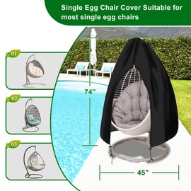 PATIO PLUS Outdoor Single Egg Chair Cover with Zipper, Heavy Duty 420D Egg Swing Chair Cover, Waterproof Windproof, 115x190cm, Black